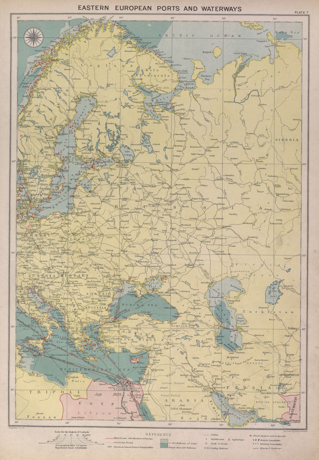Eastern Europe sea chart Ports Lighthouses mail route Black Sea Baltic 1916 map